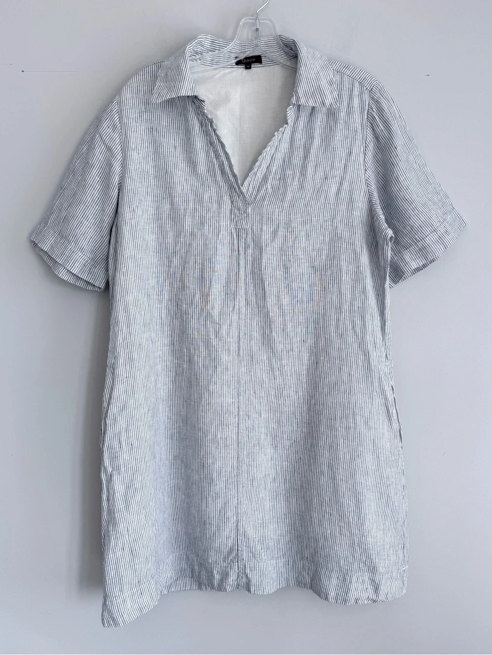 Quince 100% European Linen Popover Mini Dress Blue Pinstripe M Summer Pockets - Picture 6 of 15